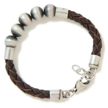 Men's Silver Bead Leather Bracelet