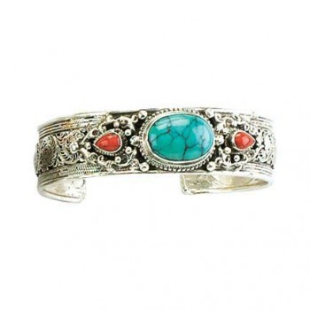 Thin Turquoise & Carnelian Inset Silver Cuff