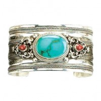 Turquoise & Carnelian Inset Silver Cuff