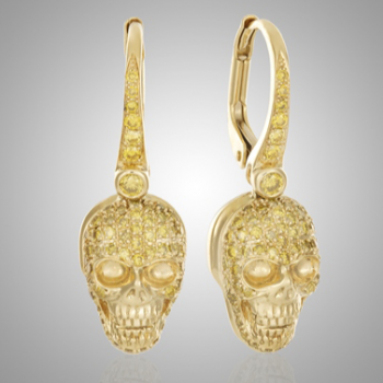 18k Gold Yellow Diamond Skull Earrings