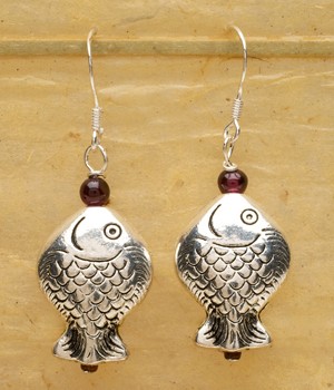 Sterling Silver Fish Earrings with Garnet Accent