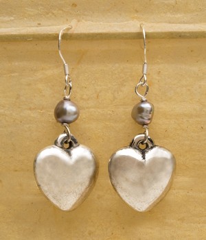 Sterling Silver Heart Earrings with Black Pearl Accent